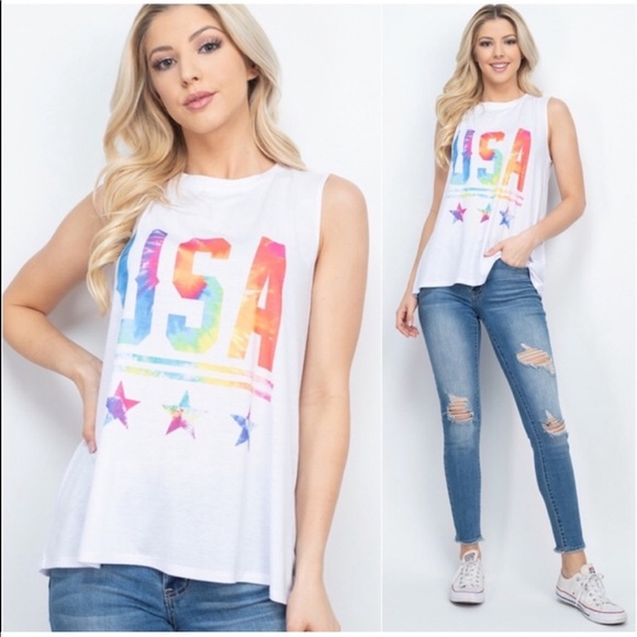 GLITZY GLAM BOUTIQUE Tops - USA VIBRANT TIE DYE LOGO STAR TANK